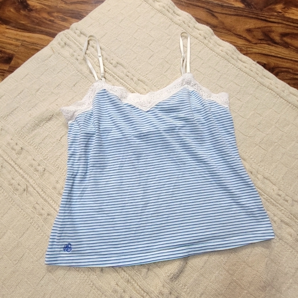 y2k Lauren Ralph Lauren Striped Cami Eyelet Lace Accent size L Blue White